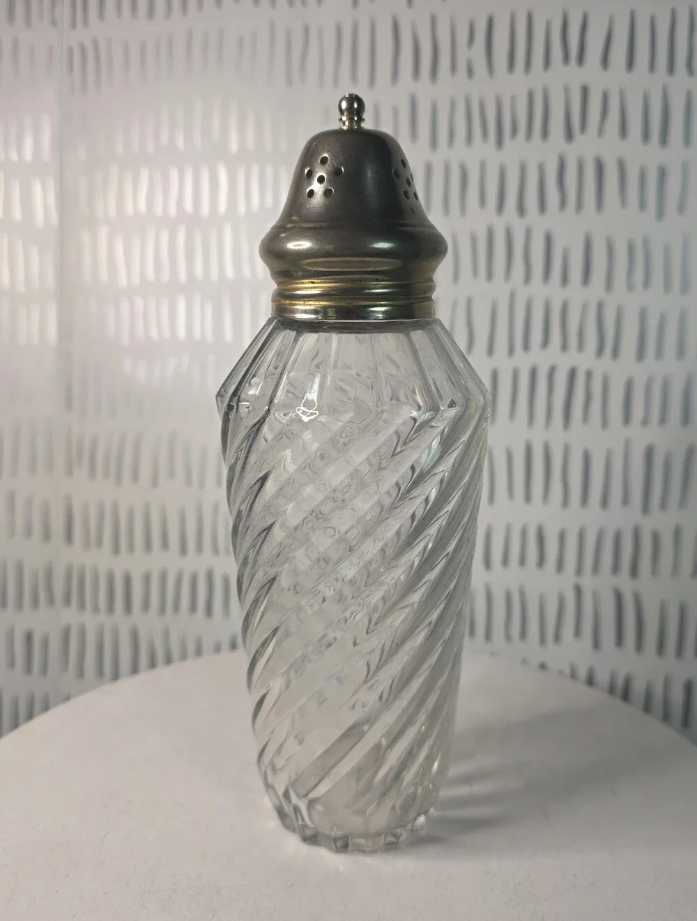 Vintage Clear Glass Sugar Shaker Swirl Diamond Pattern Metal Lid